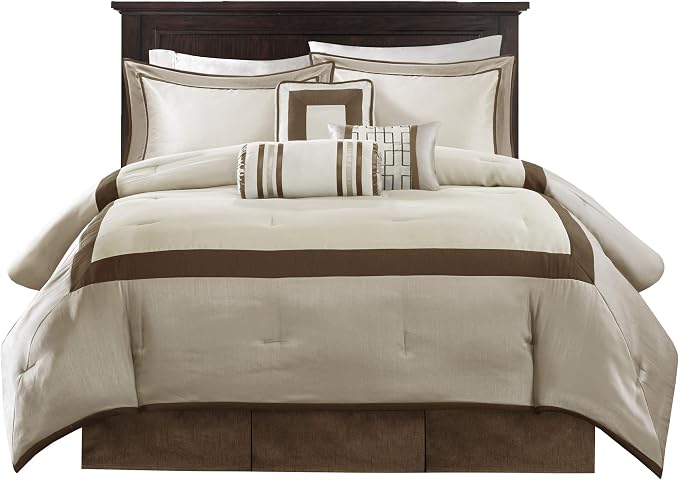 Madison Park Deluxe Hotel Style Comforter Set, 7PC King Bedding Set | All Season Down Alternative Luxury Bedding with Comforter, Shams, Bed Skirt, Decorative Pillows, Taupe/Brown
