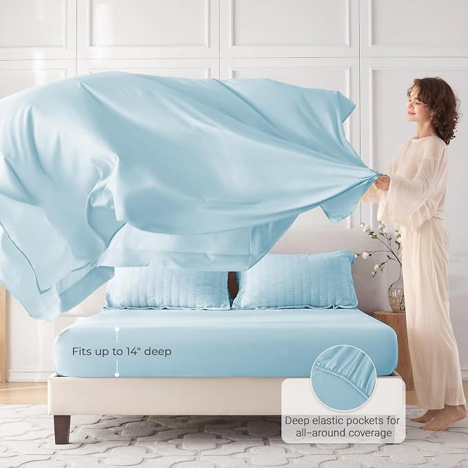 7 Pieces Queen Comforter Set, Seersucker Bed in a Bag Queen Size, All Season Luxury Bedding Set with Comforter, Flat Sheet, Fitted Sheet, Pillowcases & Shams, Lake Blue
