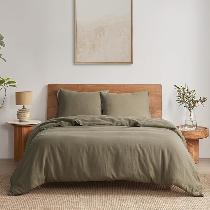 DAPU 100% French Linen Duvet Cover 3Pcs Set, 170GSM Linen Bedding, King | Soft Breathable All-Season for Hot sleepers, Corner Ties & Zipper Closure, French Linen Flax from Normandy, Forest Green
