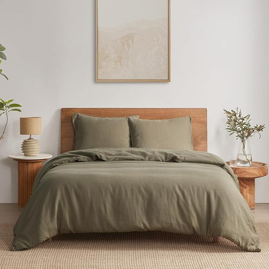DAPU 100% French Linen Duvet Cover 3Pcs Set, 170GSM Linen Bedding, King | Soft Breathable All-Season for Hot sleepers, Corner Ties & Zipper Closure, French Linen Flax from Normandy, Forest Green
