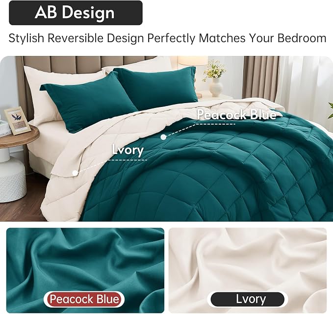 7 Pieces Queen Comforter Set, Reversible Bed in a Bag Queen Size, All Season Bedding Set with Comforter, Flat Sheet, Fitted Sheet, Pillowcases & Shams, Peacock Blue & Ivory