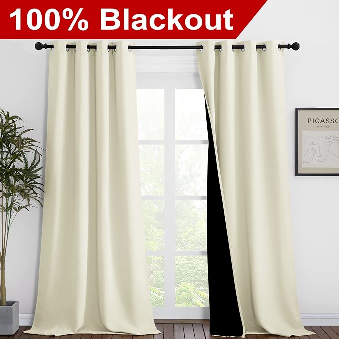 NICETOWN Beige Blackout Curtains for Patio 46" Wide x 90" Long 2 Panels | Thermal Insulated 100% Room Darkening Noise Reducing Performance Drapes with Black Lining, Full Light Blocking Home Decor