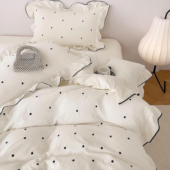 Nayoroom Polka Dot Duvet Cover Queen Size Elegant White Ruffle Duvet Cover 3 Pieces Soft Breathable Microfiber Cute Princess Black Dot Bedding Set