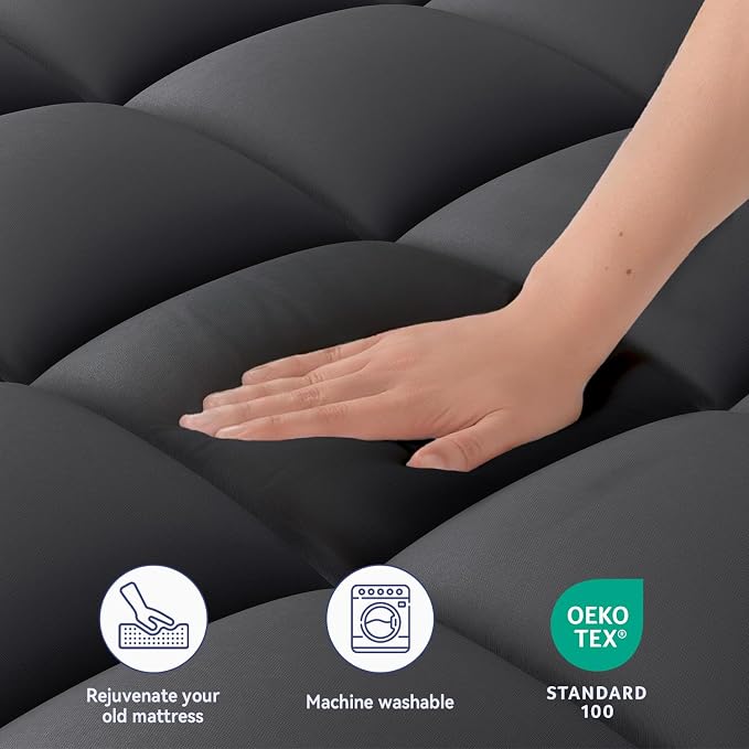 ELEMUSE Cal King Black Mattress Topper, Thick Pillow Top Mattress Pad Cover | Plush soft breathable bed topper for back pain relief, with elastic deep pocket and overfilled down alternative filling