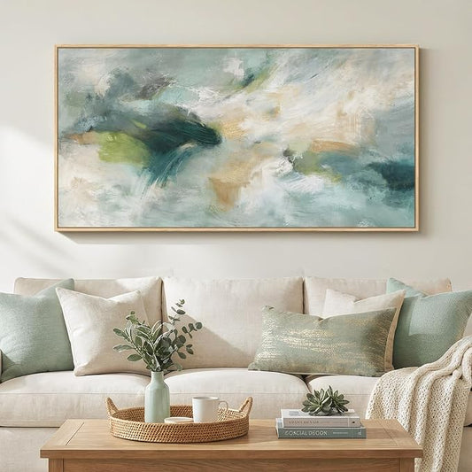 Large Framed Horizontal Sage Green Abstract Wall Art, 1 Piece 30x60 In | Modern teal canvas prints, Wood frame, Contemporary wall pictures, Minimalist artwork, Wall decor for bedroom dining room
