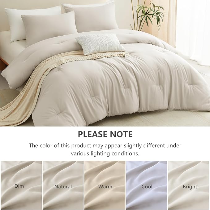 Queen Comforter Set, 3 Pieces Down Alternative Bedding, Beige | 270 GSM All Season Comforter with 4 Corner Ties for Use as a Duvet Insert, OEKO-TEX Certified, 2 Pillowcases, 88 x 88 in