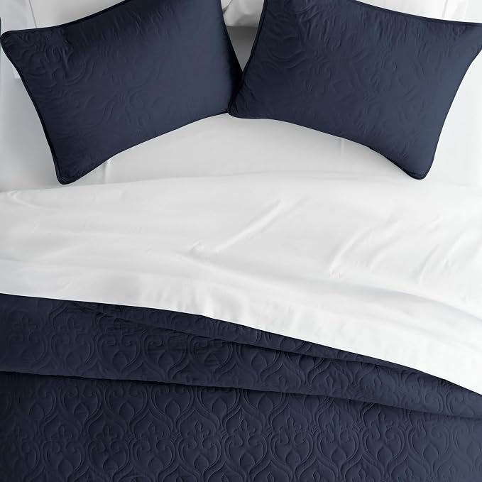 Merit Linens Classic Quilt Coverlet Soft Set in Damask Stitching - King/Cal-King Navy