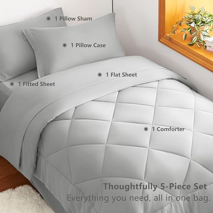 Twin XL Comforter Set Light Grey - 5 Pieces Complete Bedding Set | College Dorm Essentials, OEKO-TEX Certified, All Season, 240GSM Down-Alternative Comforter, Sheets, Pillowcase & Sham