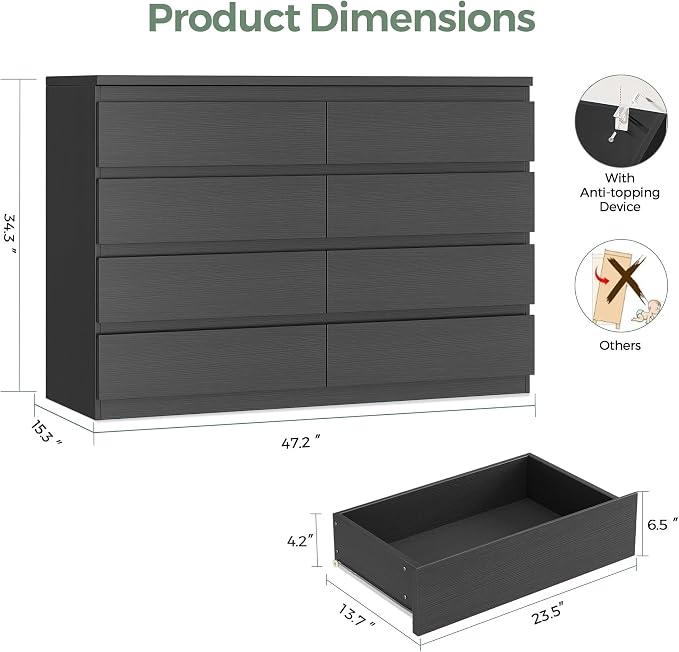 MapleGrace Modern 8 Drawer Dresser, Simply Chest of Drawers for Bedroom, Wooden Storage Dresser with Deep Drawers for Living Room/Hallway/Entryway (Black)