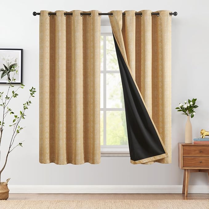 jinchan Boho Blackout Curtains 63 Inch Length for Bedroom Living Room | White on Mustard Yellow Geometric Grommet Curtains Room Darkening Thermal Insulated Window Treatments 2 Panels