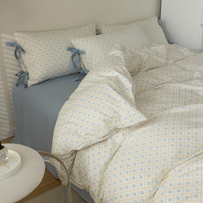 mixinni Blue Floral Duvet Cover Set King - 3 Piece Cottagecore Bedding Set with Bow Ties & Zipper Closure, 100% Cotton Soft Aesthetic Comforter Cover for Girls, Lightweight Breathable Country Style