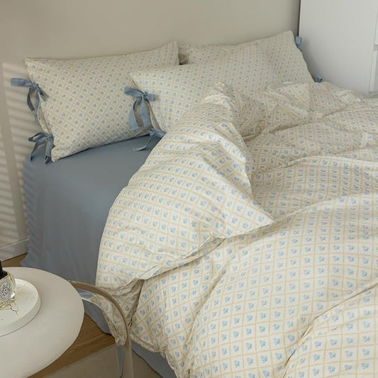 mixinni Blue Floral Duvet Cover Set King - 3 Piece Cottagecore Bedding Set with Bow Ties & Zipper Closure, 100% Cotton Soft Aesthetic Comforter Cover for Girls, Lightweight Breathable Country Style