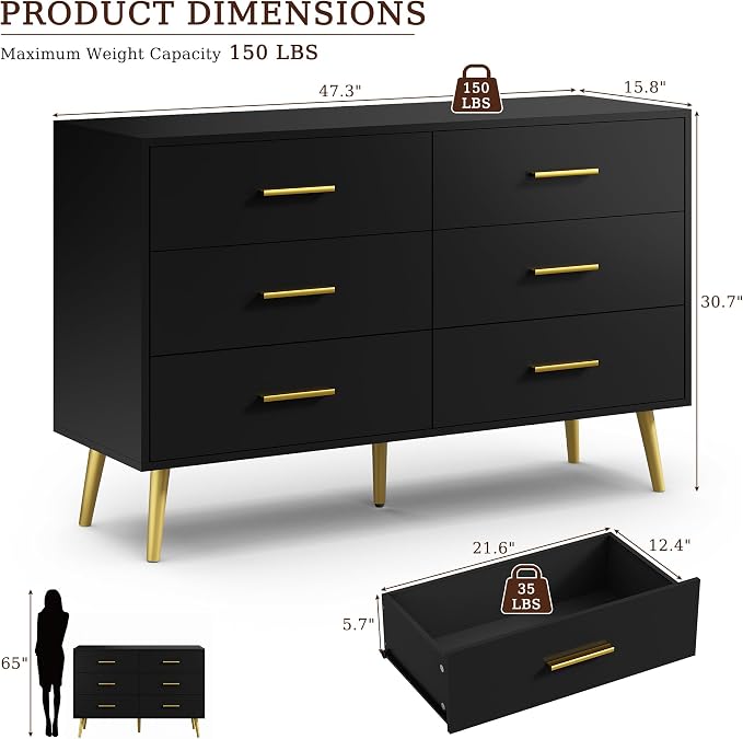 Black 6 Drawer Dresser for Bedroom, 47" Wood Dresser with Gold Handles. | Modern Dressers & Chests of Drawers for Living Room, Hallway, Entryway.
