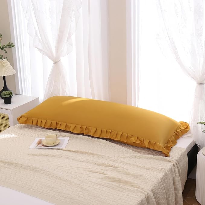 Merryword Mustard Yellow Body Pillow Cover 20x54inches Long Pillowcase Yellow Ruffled Chic Boho Pillowcases Ruffled Fringe Decor Body Ruffled Pillow Sham Cute Pillowcase (1 Body, Mustard Yellow)