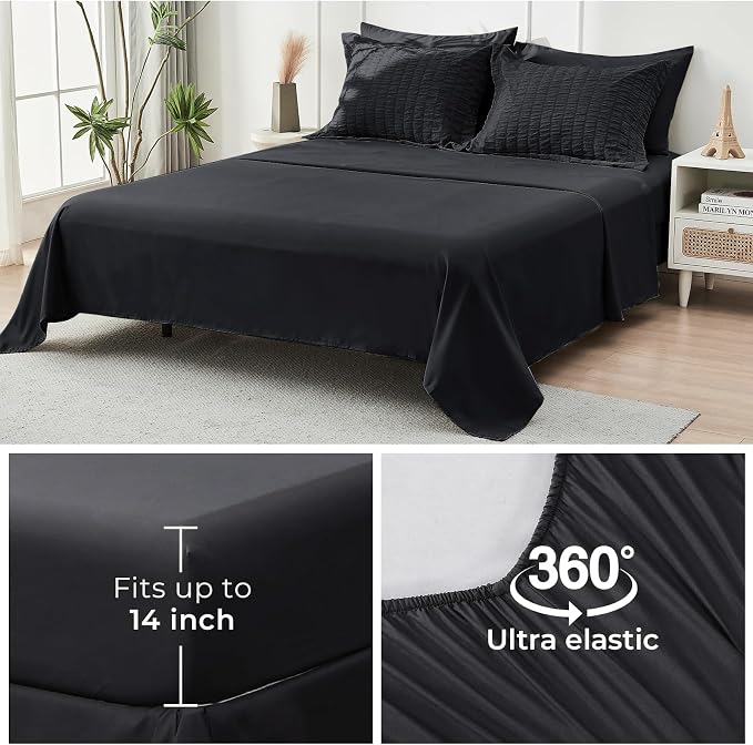 HYMOKEGE Black Queen Comforter Set Seersucker 7 Pieces, All Season Luxury Bed in a Bag for Bedroom, Bedding Set with Comforters, Sheets, Pillowcases & Shams