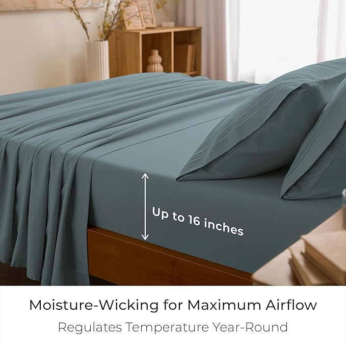 Mellanni Iconic 4-Piece, Ultra Soft Sheet Set (Queen, Spa Blue) | 10M+ Sleepers. Lab-tested: Sleeps Cool, Stays Bright, Strong, Smooth. Good Housekeeping Best Bedding, 7 yrs running.