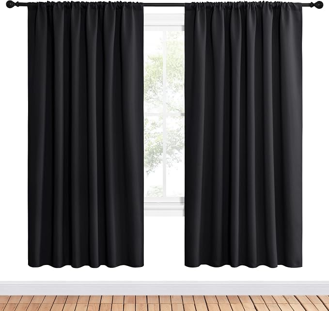 NICETOWN Black Blackout Curtains for Bedroom 62" Wide x 72" Long 2 Panels | Solid Thermal Insulated Window Treatment Blinds Drapes for Living Room, Light Blocking Room Darkening Noise Reducing Decor