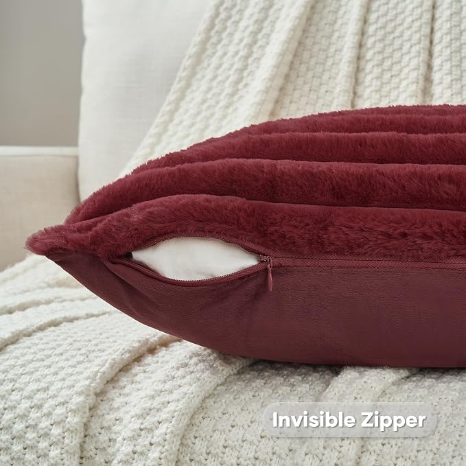 FUTEI Pack of 2 Faux Fur Throw Pillow Covers 12x20 Inch, Burgundy | Fluffy Faux Rabbit Fur Front/Premium Velvet Back,Hidden Zipper,Machine Washable,Non-Shedding,Colorfast,Insert Not Included.