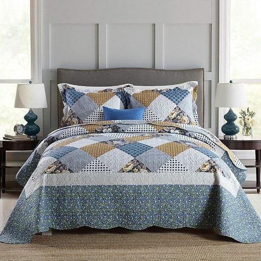 Quilt Bedspread Sets-Checkered Floral Reversible Coverlet Set,Queen Size