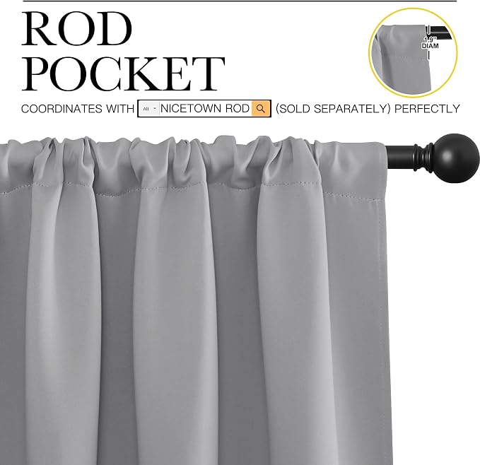 NICETOWN Silver Grey Blackout Curtains for Living Room 42" x 63" 2 Panels | Thermal Insulated Rod Pocket Drapes Draperies for Bedroom Kitchen Window, Light Blocking Noise Reducing Energy Saving Decor