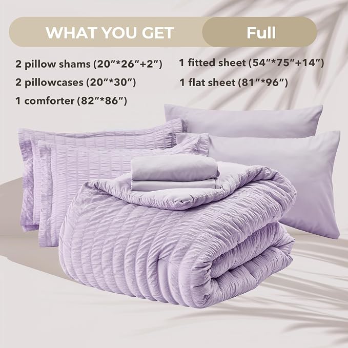HYMOKEGE Lavender Full Size Comforter Sets Seersucker 7 Pieces, All Season Luxury Bed in a Bag for Bedroom, Bedding Set with Comforters, Sheets, Pillowcases & Shams