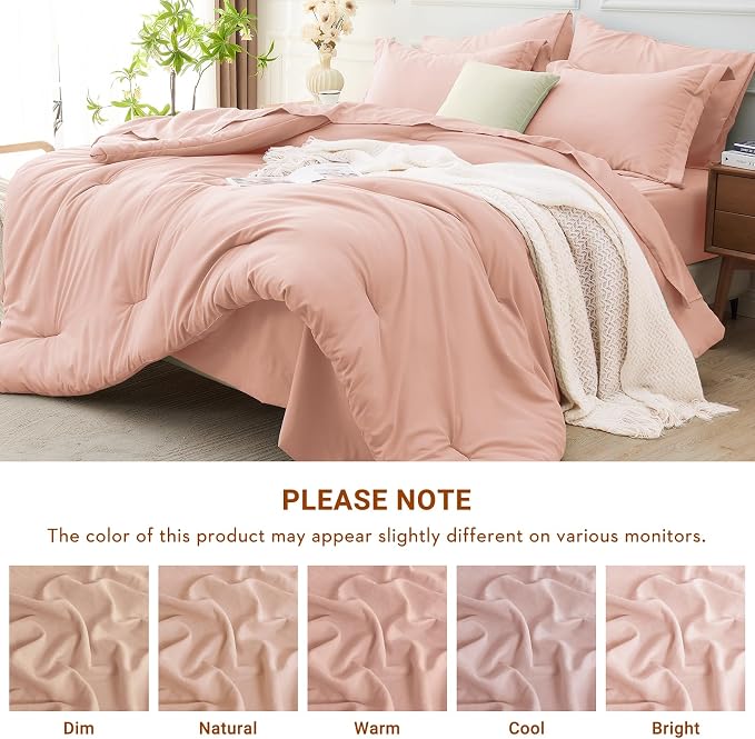 7 Pieces Queen Comforter Set, Soft Bed in a Bag Queen Size, All Season Bedding Set with Comforter, Flat Sheet, Fitted Sheet, Pillowcases & Shams, Rose Gold