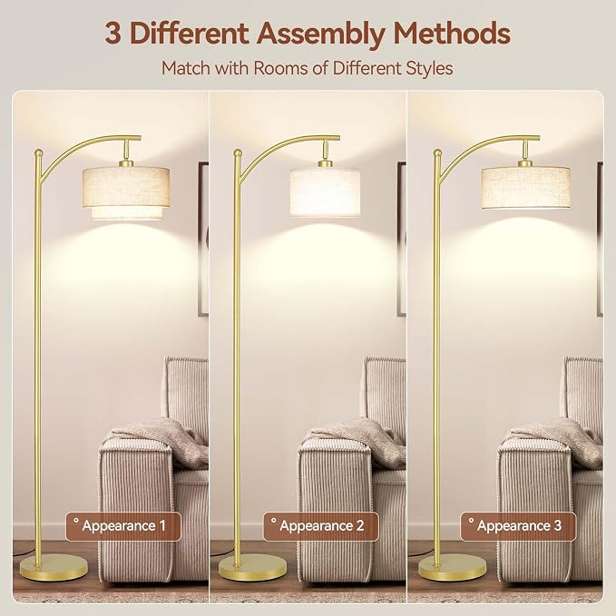 SUNMORY Floor Lamps for Living Room with 12W LED Bulb, Arc Lamp with 3 CCT | Modern Floor Lamps with Adjustable Double Fabric Shades, Industrial Arched Lamp, Tall Standing Lamp for Bedroom, Corner