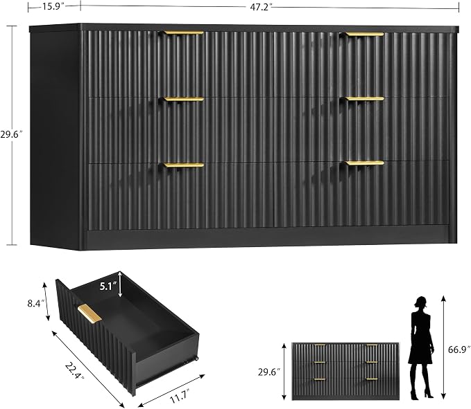 Fluted 6 Drawer Dresser for Bedroom, Wide Modern Chest of Drawers with Metal Handle, Curved Profile Design, Wood Closet Clothes Storage Organizer for Bedroom, Living Room, Hallway, Black
