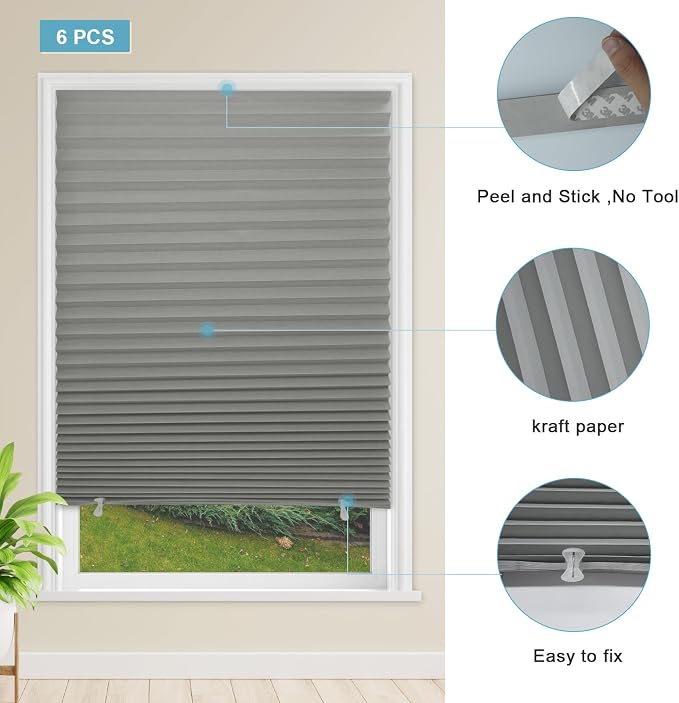 MYshade 6 Pack Temporary Light Filtering Paper Shades for Windows,Paper Pleated Blinds with Adhesive,No Tools No Drilling Free Cut Size Temporary Room Darkening Shades(Grey, 36" W x 72" H)