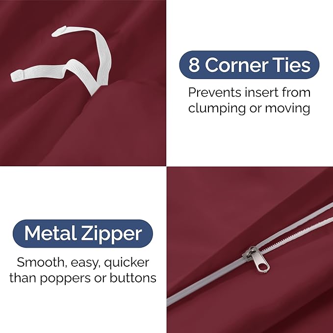 Duvet Cover King Size - Soft 3 Piece with Zipper Closure - Burgundy | Extra Soft, Breathable, King Duvet Cover 104" x 90" with 2 Pillow Shams, Zipper Closures & Ties, Women, Men, Kids & Teens