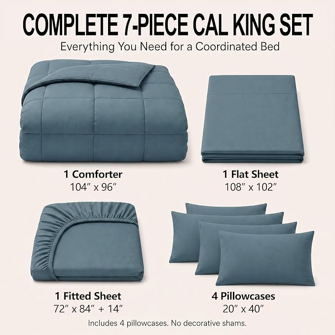 California King Comforter Set Mineral Blue - 7 Pieces Bed in a Bag | OEKO-TEX Certified, All-Season, Bedroom, Guest Room, Down-Alternative Comforter + Flat & Fitted Sheets + 4 Pillowcases