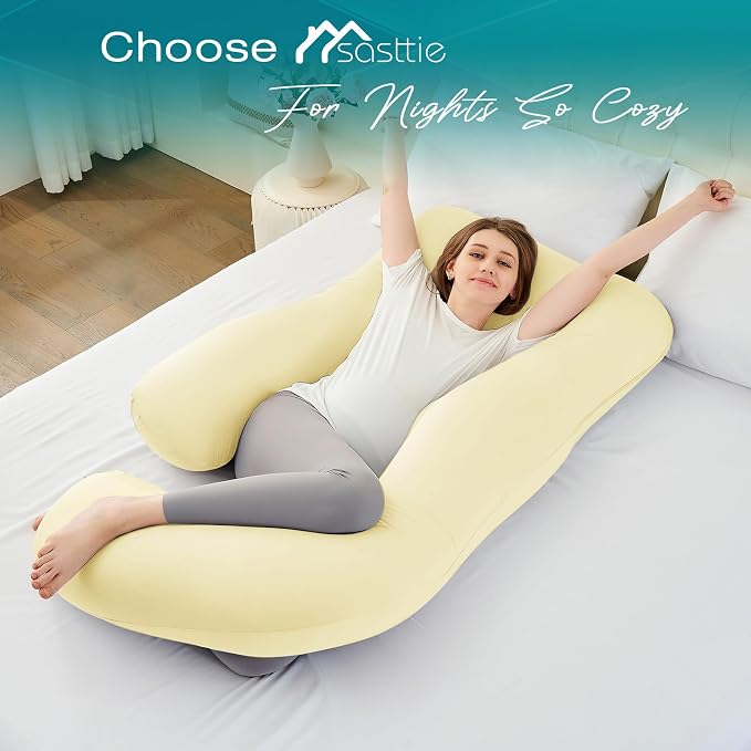 Cooling Pregnancy Pillows for Sleeping, 57'' Full Body Pillow, Light Yellow | Sasttie Maternity Pillow, OEKO-TEX, Down Alternative, Removable Cover, Pregnant Women Must Haves, Maternity Essential