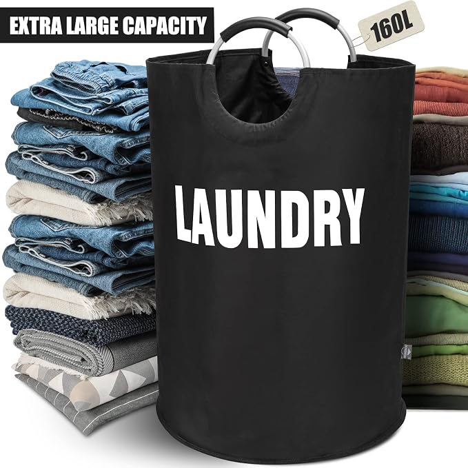 DOKEHOM 160L XX-Large Laundry Basket (7 Colors), Collapsible Laundry Bag, Foldable Laundry Hamper, Folding Washing Bin (Black, XXL) | Freestanding tall washing bin & foldable laundry bag. Extra large clothes storage basket with durable sturdy handles