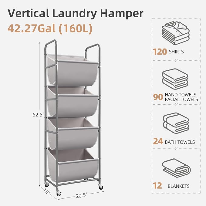 STORAGE MANIAC Vertical Rolling Laundry Hamper, 4 Section Laundry Sorter with Wheels and 2 Breaks, 4-tier Laundry Baskets for Small Space, Dorm, Laundry Room, Closet, Bathroom, Gray 4-tier