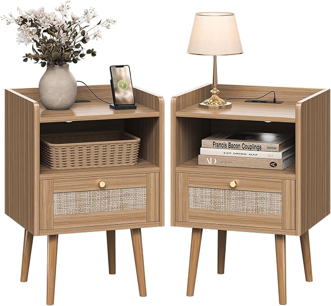 MECHYIN Night Stand Set 2, Nightstands Set of 2 with Charging Station, Rattan Side Tables with Solid Wood Legs, Boho Bedside End Table for Apartment Bedroom Dorm Small Space