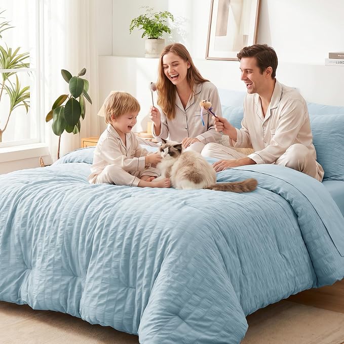Full Size Comforter Set 7 Pieces Light Blue Seersucker Bed in a Bag | OEKO-TEX Certified, All Season Bedding Set with 240 GSM Down Alternative Comforter, Flat & Fitted Sheets, Pillowcases & Shams