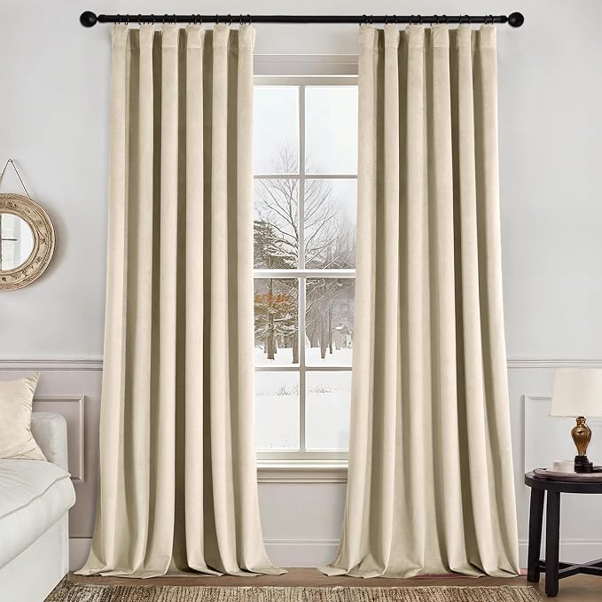 MIULEE Velvet Curtains 50W x 96L 2 Panels Beige Blackout Curtains | Luxury velvet fabric, pinch pleat design, back tab hooks, thermal insulated, blackout light blocking, for living room bedroom