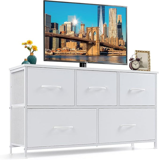 5-Drawer Dresser for Bedroom, Anti-Tip Wide Storage Organizer Fabric | Chest of Drawers TV Stand for 45" TV with Wooden Top and Metal Frame for Closet, Living Room, Hallway, Entryway, White