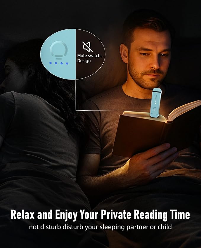 HIONXMGA Book Light,Rechargeable Reading Light for Books in Bed at Night | Up to 100H Runtime,3 Amber Colors,Stepless Dimming,Eye-Caring Mode,USB Charging,Bookmark,Women Book Lovers,Christmas,Blue