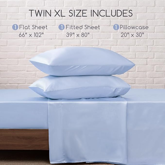 MR&HM Satin Sheets Twin XL Size with Elastic Corner Straps, Light Blue | Similar to Silk, 3-Piece Silky Soft Bed Sheet Set, Gentle on Skin and Hair, 15" Deep Pocket, Cooling & Breathable