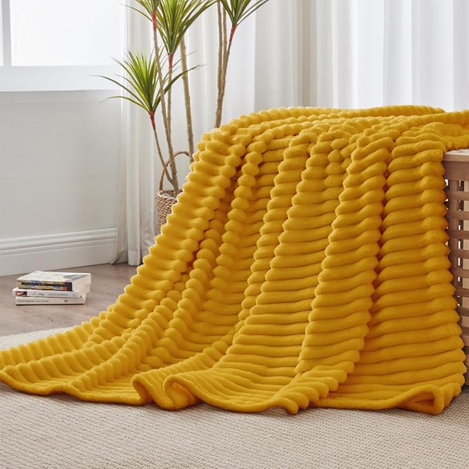 BEDELITE Striped Fleece Throw Blanket, Mustard Yellow, 50"x60" | 300GSM Microfiber Fleece, Soft Cozy, Lightweight Warm, Double-Sided Plush, Machine Washable, Gift, Room Decor, for Couch Sofa