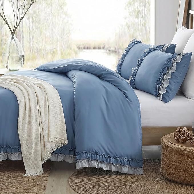 Blue Ruffle Duvet Cover Set Shabby Chic Boho Bedding King Elegant Lace Fringe Ruffled Bedding Super Soft Lightweight All Season Duvet Cover with Pillowcases
