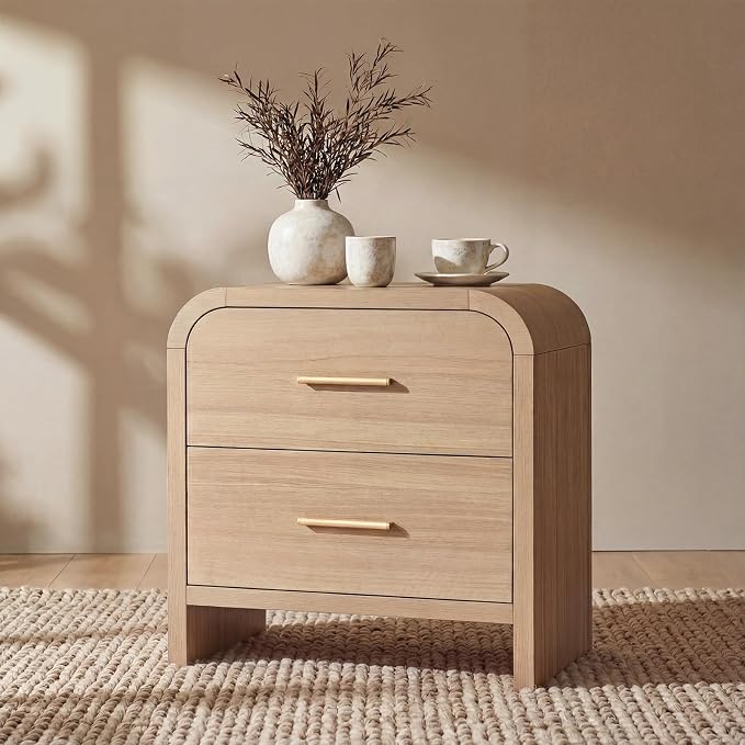 Night Stand, 2-Drawer | [Curved Profile] [FSC-Certified Wooden Board] Nightstand 24" H Metal Handle Modern Bedside Table Side Table End Table
