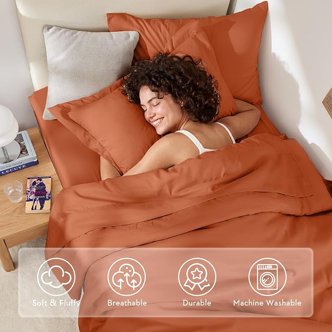 5 Pieces Twin XL Comforter Set, Soft Bed in a Bag Twin XL Size, All Season Bedding Set with Comforter, Flat Sheet, Fitted Sheet, Pillowcases & Shams, Burnt Orange