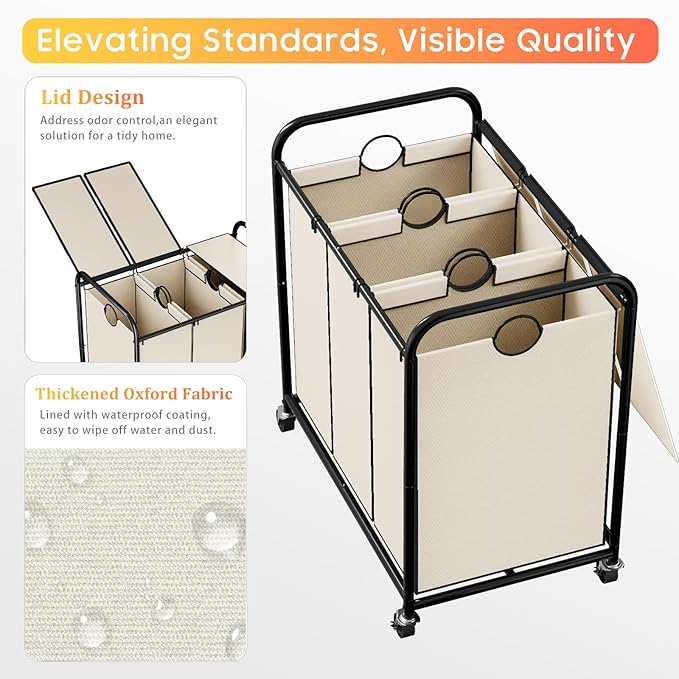 180L Laundry Sorter 3 Section, Rolling Laundry Basket with Wheels and Lid | 47.55 Gal Laundry Hamper, 3 Separated Removable Bags, Lockable Wheels, Dirty Clothes Hamper for Laundry Room Organizer, White