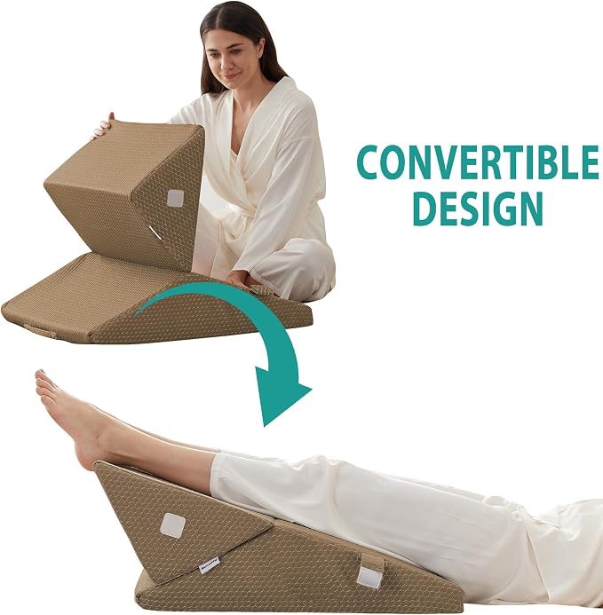 Wedge Pillow for Sleeping, Adjustable 9&12 Inch Foldable Bed Wedge Pillow Set, Orthopedic Memory Foam Triangle Pillows Wedge, 7-in-1 Elevated Pillows for Leg and Back Support, Brown