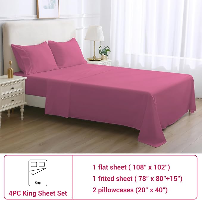 Softan Microfiber King Sheet Set with Non-Slip Corner Straps, Hot Pink | 15" Deep Pocket Fitted Bed Sheets, Double Brushed Microfiber, Cozy Sheets & Pillowcase for All Season