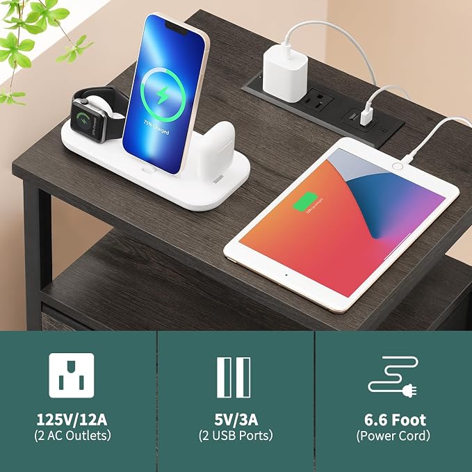 Yoobure Night Stand with Charging Station, 3 Fabric Drawers Nightstand, Bedside Tables with Storage Shelf, End Table with 16 Colors LED, Small Dresser for Small Space, Gray | 16 Colors Bedside Table with 3 Fabric Drawers & Storage Shelf, End Table with...