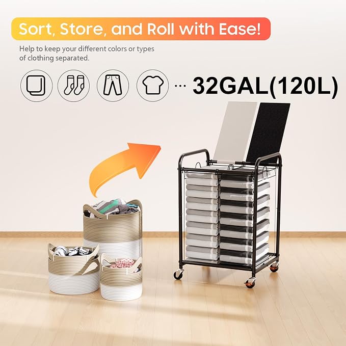 120L Laundry Sorter 2 Section, Rolling Laundry Basket with Wheels ＆ Lid | 31.7 Gal Laundry Hamper, 2 Separated Removable Bags, Dirty Clothes Hamper for Laundry Room, Bedroom, Multicolored