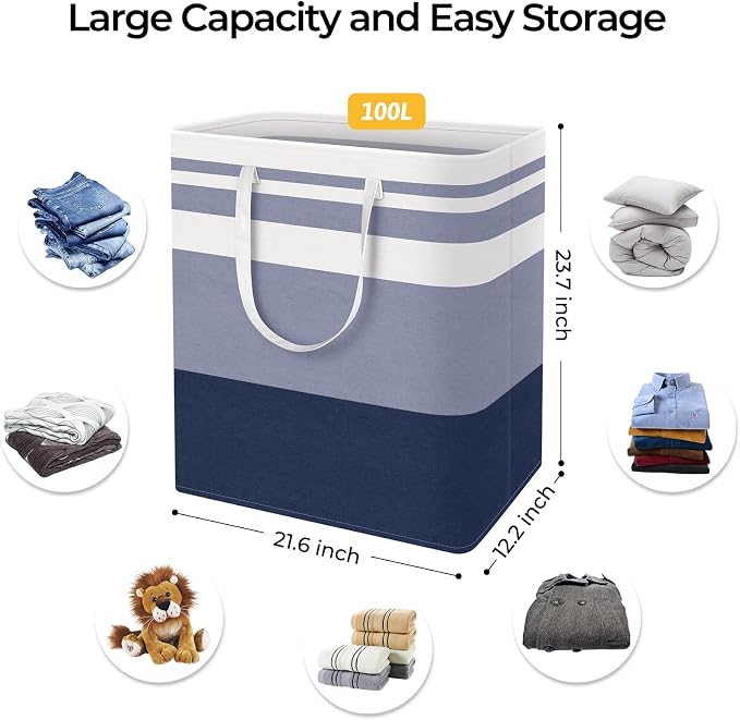 HomeHacks 2 Pack Large Laundry Baskets, Laundry Hampers Bags (Blue 100Lx2) | Waterproof, Freestanding, Collapsible Clothes Hamper with Reinforced Handles in Laundry Room, Dorm, Bathroom, Bedroom